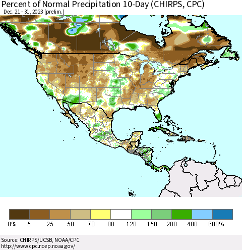 North America Percent of Normal Precipitation 10-Day (CHIRPS) Thematic Map For 12/21/2023 - 12/31/2023