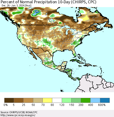 North America Percent of Normal Precipitation 10-Day (CHIRPS) Thematic Map For 12/26/2023 - 1/5/2024
