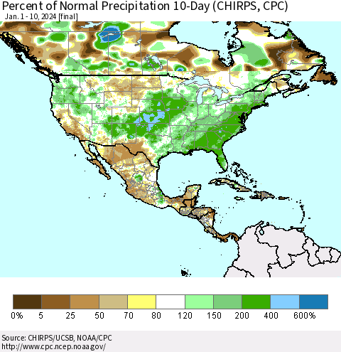 North America Percent of Normal Precipitation 10-Day (CHIRPS) Thematic Map For 1/1/2024 - 1/10/2024