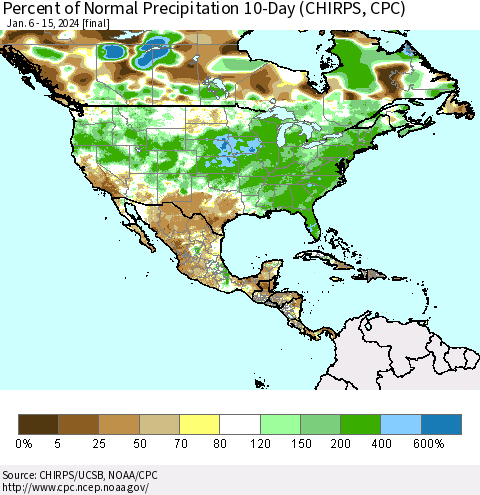 North America Percent of Normal Precipitation 10-Day (CHIRPS) Thematic Map For 1/6/2024 - 1/15/2024