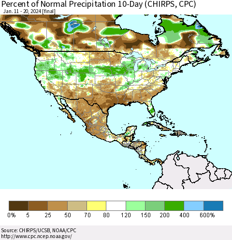North America Percent of Normal Precipitation 10-Day (CHIRPS) Thematic Map For 1/11/2024 - 1/20/2024