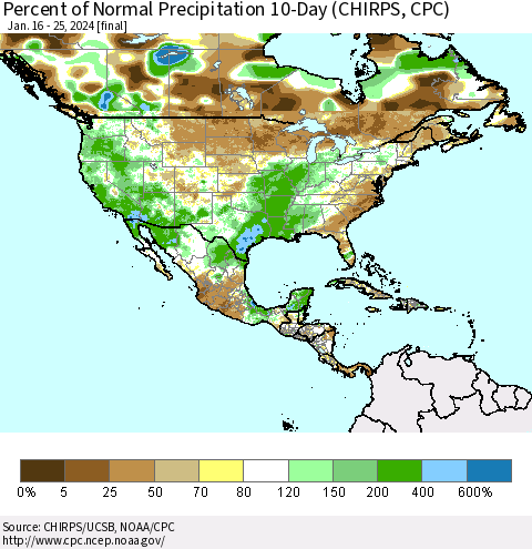 North America Percent of Normal Precipitation 10-Day (CHIRPS) Thematic Map For 1/16/2024 - 1/25/2024