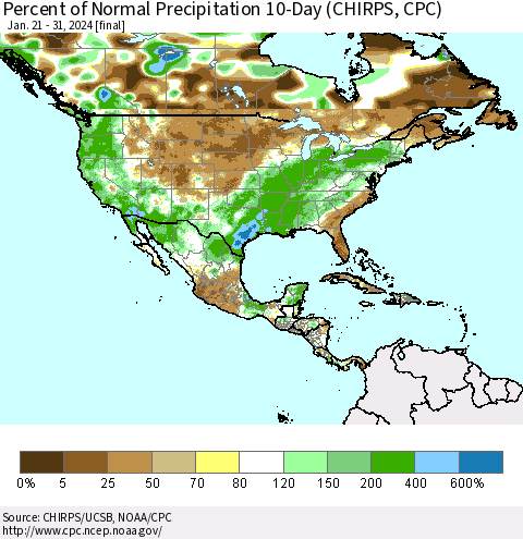 North America Percent of Normal Precipitation 10-Day (CHIRPS) Thematic Map For 1/21/2024 - 1/31/2024