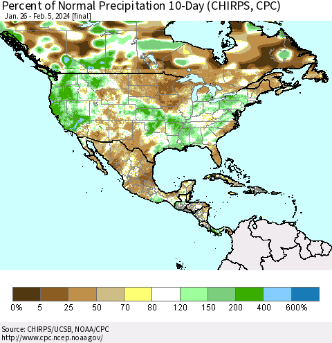 North America Percent of Normal Precipitation 10-Day (CHIRPS) Thematic Map For 1/26/2024 - 2/5/2024