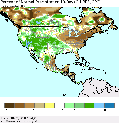 North America Percent of Normal Precipitation 10-Day (CHIRPS) Thematic Map For 2/1/2024 - 2/10/2024