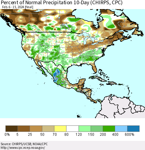 North America Percent of Normal Precipitation 10-Day (CHIRPS) Thematic Map For 2/6/2024 - 2/15/2024