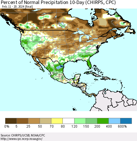 North America Percent of Normal Precipitation 10-Day (CHIRPS) Thematic Map For 2/11/2024 - 2/20/2024