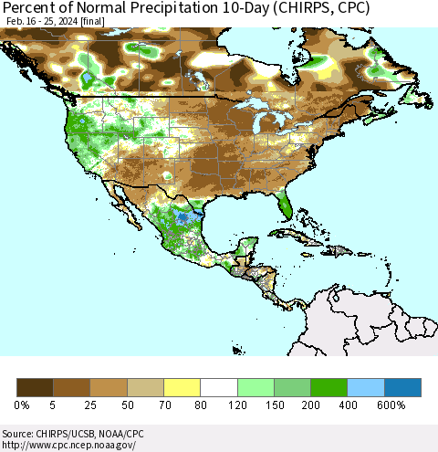 North America Percent of Normal Precipitation 10-Day (CHIRPS) Thematic Map For 2/16/2024 - 2/25/2024