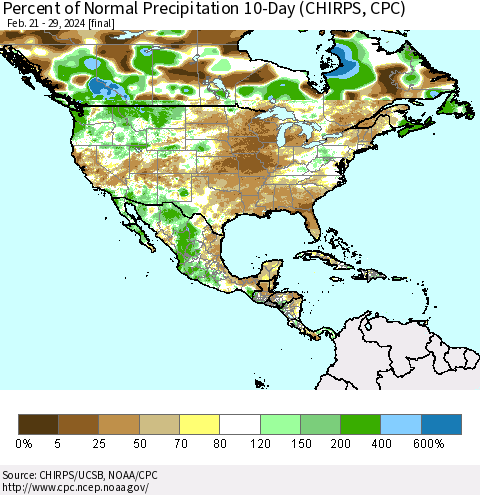 North America Percent of Normal Precipitation 10-Day (CHIRPS) Thematic Map For 2/21/2024 - 2/29/2024