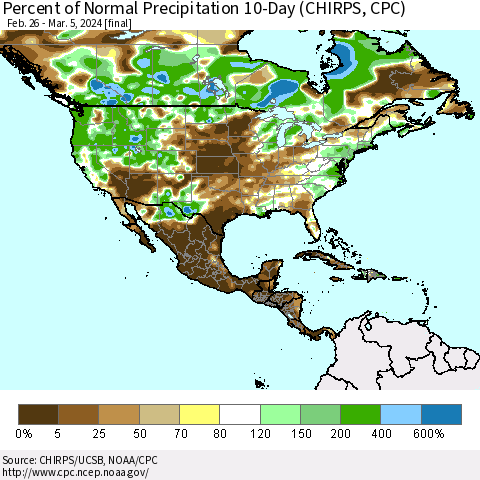 North America Percent of Normal Precipitation 10-Day (CHIRPS) Thematic Map For 2/26/2024 - 3/5/2024