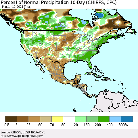 North America Percent of Normal Precipitation 10-Day (CHIRPS) Thematic Map For 3/1/2024 - 3/10/2024