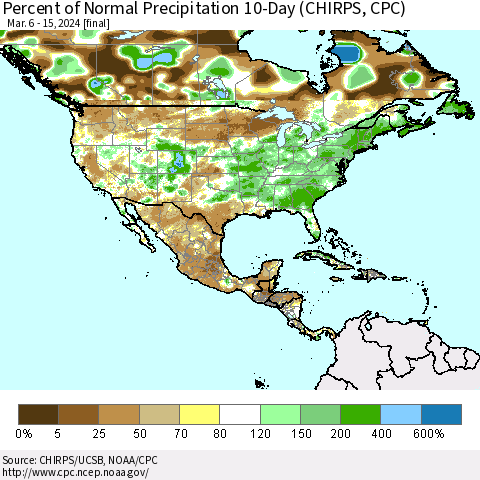 North America Percent of Normal Precipitation 10-Day (CHIRPS) Thematic Map For 3/6/2024 - 3/15/2024