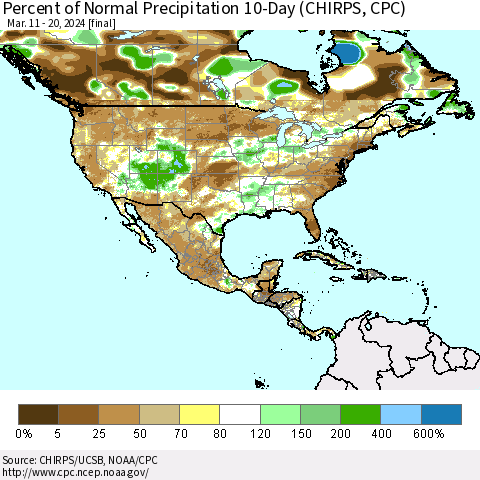 North America Percent of Normal Precipitation 10-Day (CHIRPS) Thematic Map For 3/11/2024 - 3/20/2024