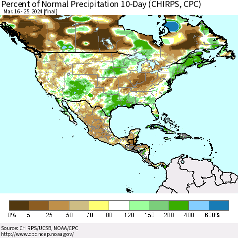 North America Percent of Normal Precipitation 10-Day (CHIRPS) Thematic Map For 3/16/2024 - 3/25/2024