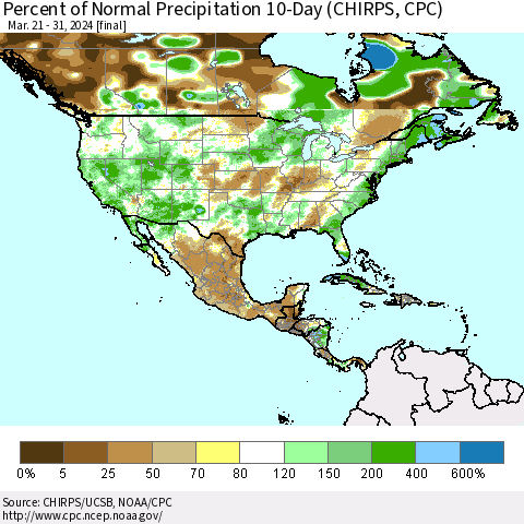 North America Percent of Normal Precipitation 10-Day (CHIRPS) Thematic Map For 3/21/2024 - 3/31/2024