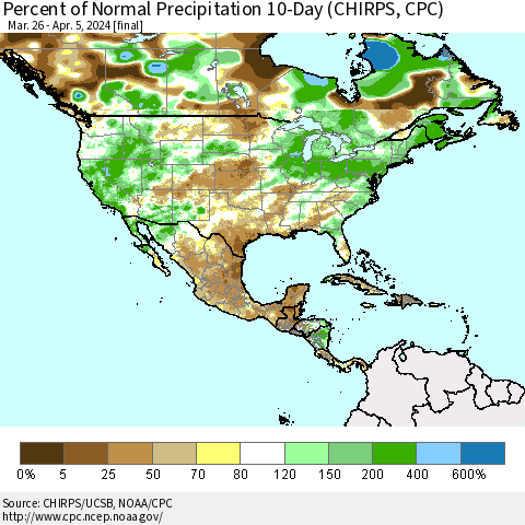 North America Percent of Normal Precipitation 10-Day (CHIRPS) Thematic Map For 3/26/2024 - 4/5/2024