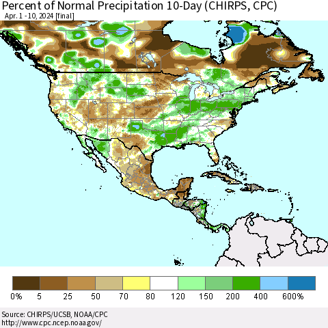 North America Percent of Normal Precipitation 10-Day (CHIRPS) Thematic Map For 4/1/2024 - 4/10/2024