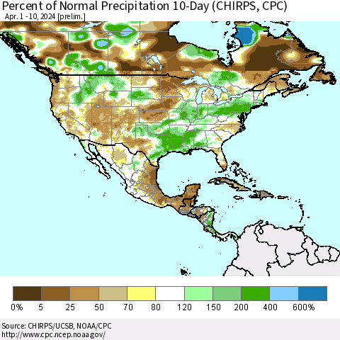 North America Percent of Normal Precipitation 10-Day (CHIRPS) Thematic Map For 4/1/2024 - 4/10/2024