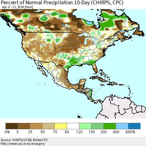 North America Percent of Normal Precipitation 10-Day (CHIRPS) Thematic Map For 4/6/2024 - 4/15/2024