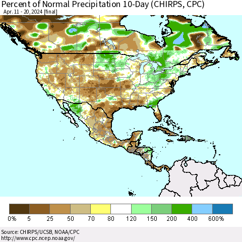 North America Percent of Normal Precipitation 10-Day (CHIRPS) Thematic Map For 4/11/2024 - 4/20/2024