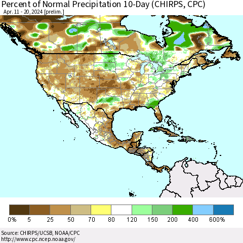 North America Percent of Normal Precipitation 10-Day (CHIRPS) Thematic Map For 4/11/2024 - 4/20/2024