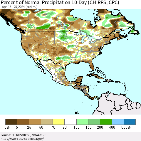 North America Percent of Normal Precipitation 10-Day (CHIRPS) Thematic Map For 4/16/2024 - 4/25/2024