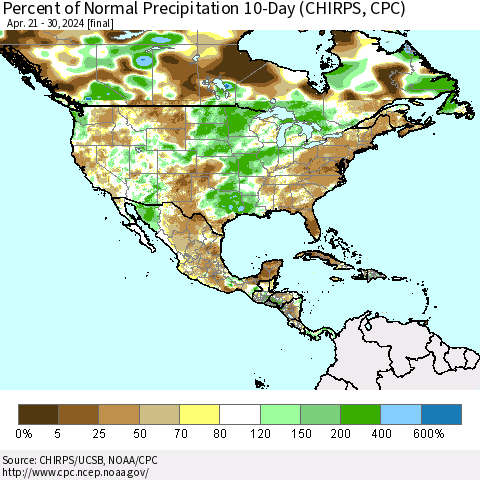 North America Percent of Normal Precipitation 10-Day (CHIRPS) Thematic Map For 4/21/2024 - 4/30/2024
