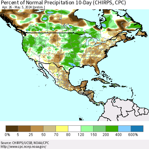 North America Percent of Normal Precipitation 10-Day (CHIRPS) Thematic Map For 4/26/2024 - 5/5/2024
