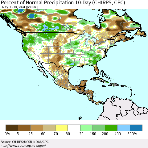 North America Percent of Normal Precipitation 10-Day (CHIRPS) Thematic Map For 5/1/2024 - 5/10/2024