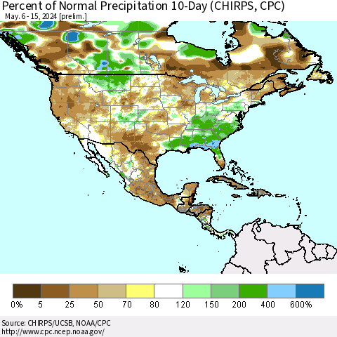 North America Percent of Normal Precipitation 10-Day (CHIRPS) Thematic Map For 5/6/2024 - 5/15/2024