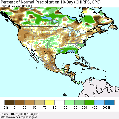 North America Percent of Normal Precipitation 10-Day (CHIRPS) Thematic Map For 5/11/2024 - 5/20/2024