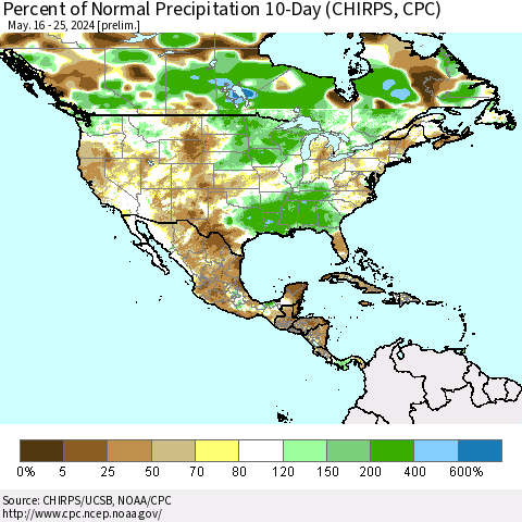 North America Percent of Normal Precipitation 10-Day (CHIRPS) Thematic Map For 5/16/2024 - 5/25/2024