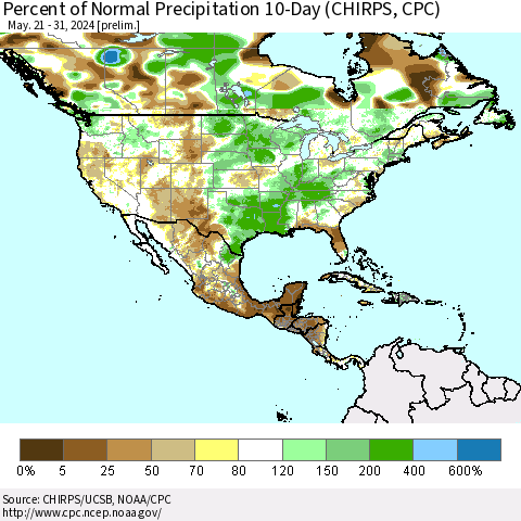 North America Percent of Normal Precipitation 10-Day (CHIRPS) Thematic Map For 5/21/2024 - 5/31/2024