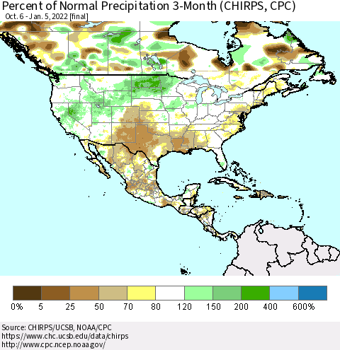 North America Percent of Normal Precipitation 3-Month (CHIRPS) Thematic Map For 10/6/2021 - 1/5/2022