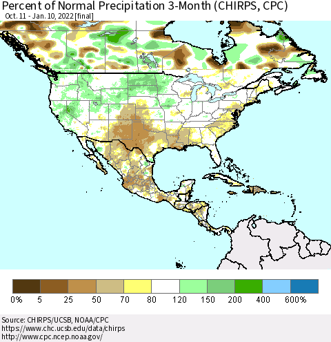 North America Percent of Normal Precipitation 3-Month (CHIRPS) Thematic Map For 10/11/2021 - 1/10/2022