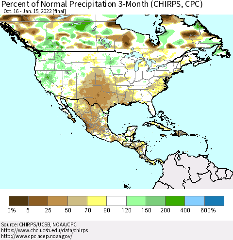 North America Percent of Normal Precipitation 3-Month (CHIRPS) Thematic Map For 10/16/2021 - 1/15/2022