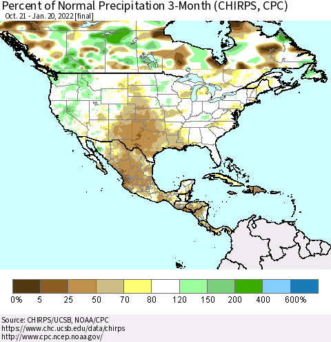 North America Percent of Normal Precipitation 3-Month (CHIRPS) Thematic Map For 10/21/2021 - 1/20/2022