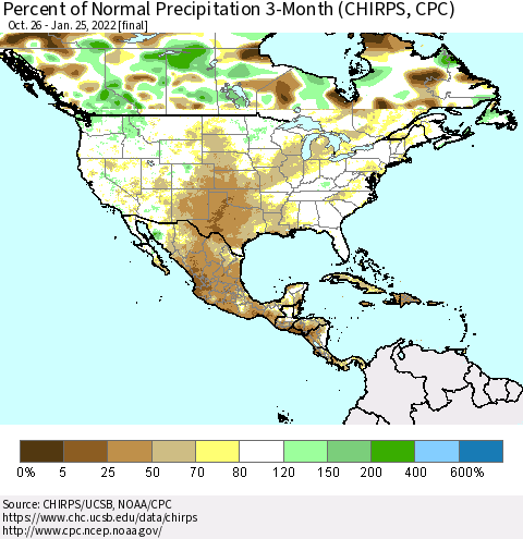 North America Percent of Normal Precipitation 3-Month (CHIRPS) Thematic Map For 10/26/2021 - 1/25/2022