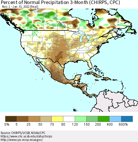 North America Percent of Normal Precipitation 3-Month (CHIRPS) Thematic Map For 11/1/2021 - 1/31/2022