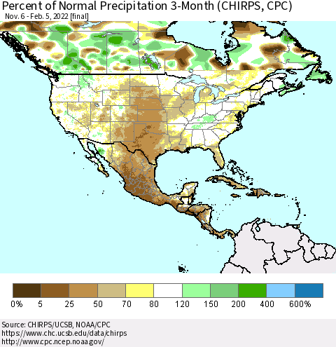 North America Percent of Normal Precipitation 3-Month (CHIRPS) Thematic Map For 11/6/2021 - 2/5/2022