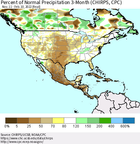 North America Percent of Normal Precipitation 3-Month (CHIRPS) Thematic Map For 11/11/2021 - 2/10/2022
