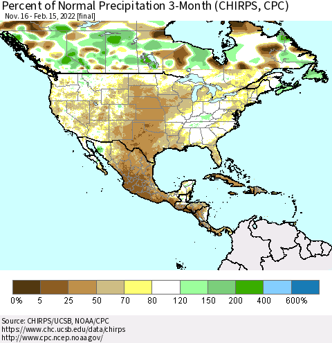North America Percent of Normal Precipitation 3-Month (CHIRPS) Thematic Map For 11/16/2021 - 2/15/2022