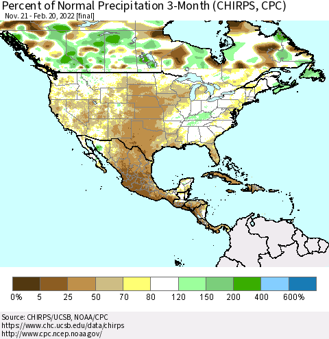North America Percent of Normal Precipitation 3-Month (CHIRPS) Thematic Map For 11/21/2021 - 2/20/2022