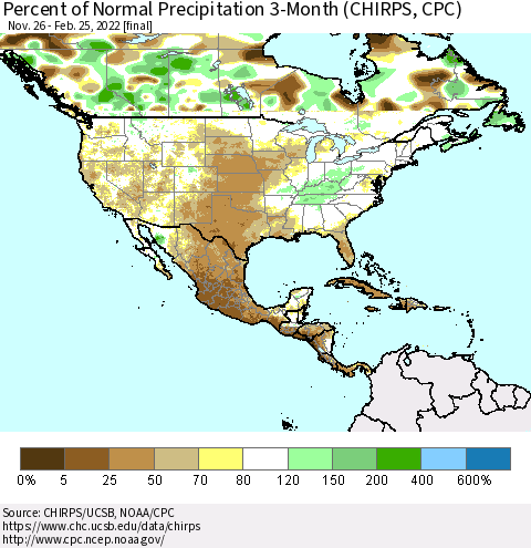 North America Percent of Normal Precipitation 3-Month (CHIRPS) Thematic Map For 11/26/2021 - 2/25/2022