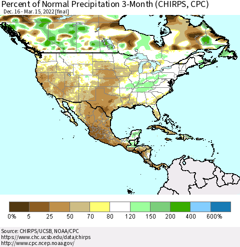 North America Percent of Normal Precipitation 3-Month (CHIRPS) Thematic Map For 12/16/2021 - 3/15/2022
