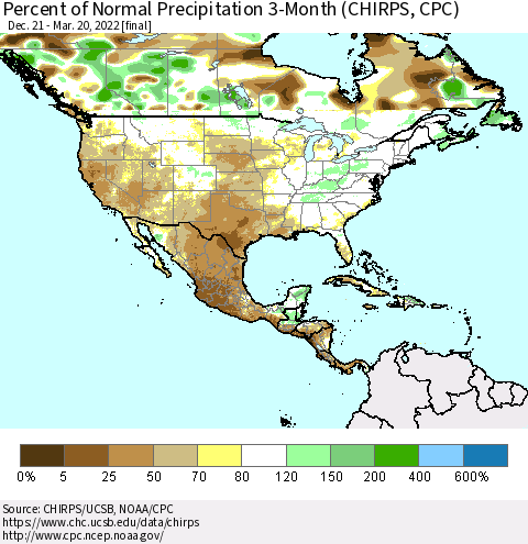 North America Percent of Normal Precipitation 3-Month (CHIRPS) Thematic Map For 12/21/2021 - 3/20/2022