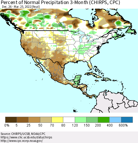 North America Percent of Normal Precipitation 3-Month (CHIRPS) Thematic Map For 12/26/2021 - 3/25/2022