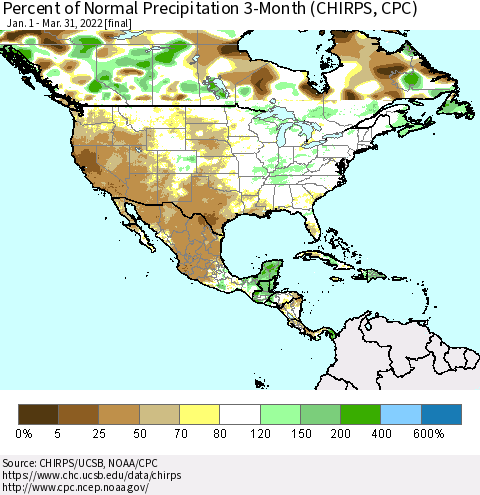 North America Percent of Normal Precipitation 3-Month (CHIRPS) Thematic Map For 1/1/2022 - 3/31/2022