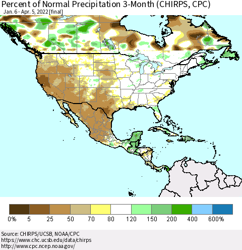 North America Percent of Normal Precipitation 3-Month (CHIRPS) Thematic Map For 1/6/2022 - 4/5/2022