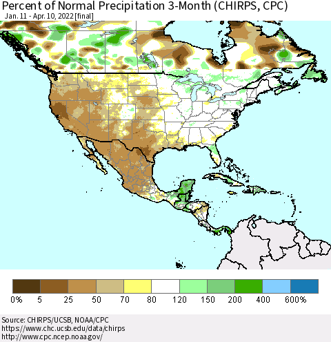 North America Percent of Normal Precipitation 3-Month (CHIRPS) Thematic Map For 1/11/2022 - 4/10/2022